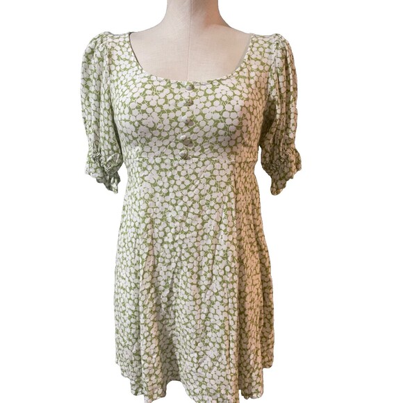 Faithful the Brand Puff Sleeve Mini Dress size S Scoop Neck Pistachio White - Picture 1 of 14